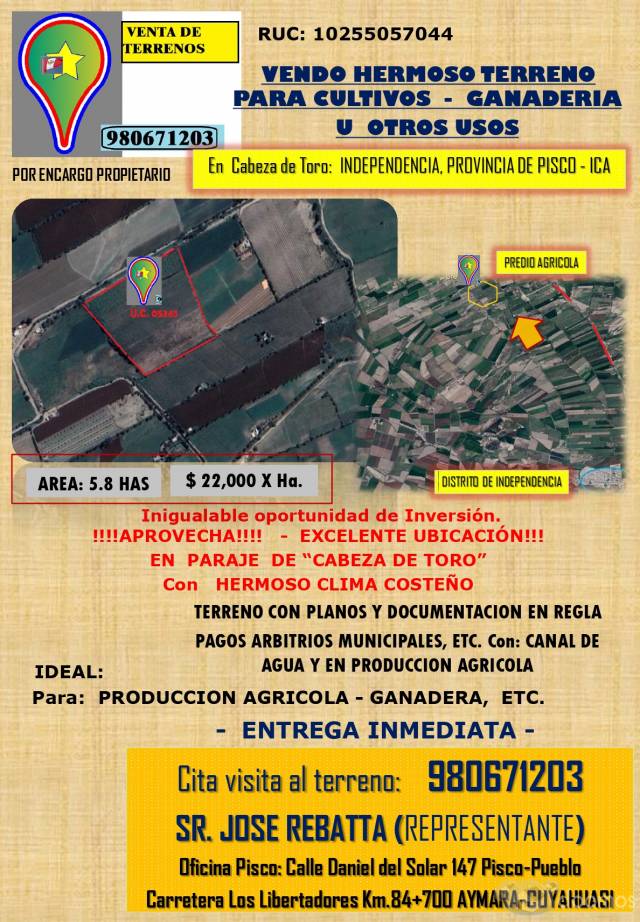 VENTA DE TERRENO AGRICOLA EN CABEZA DE TORO 6.8 HECTAREAS