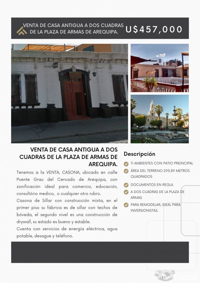 VENTA, CASONA, ubicado en calle Puente Grau del Cercado de Arequipa